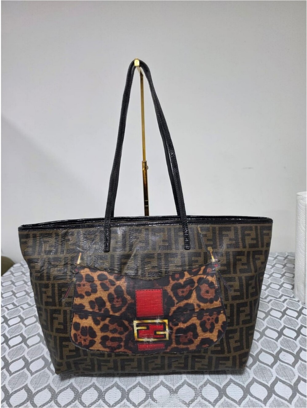 Fendi Zucca Coated Canvas and Wrinkled Leather Baguette Print Roll Shopper Tote